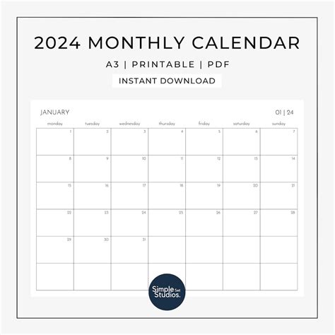 2024 Monthly Calendar A3 Size Mon And Sun Start Printable Etsy