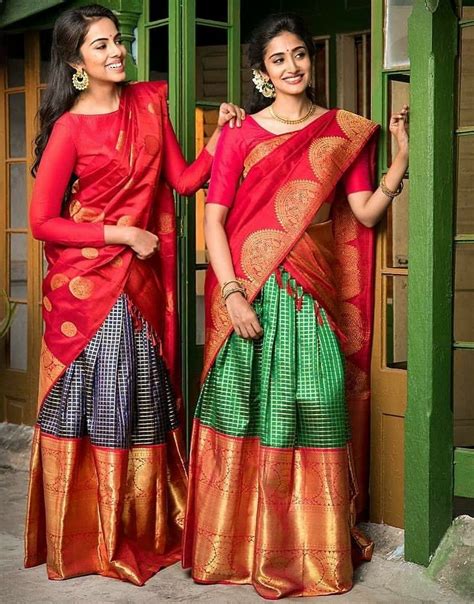 Pin By Priyanka Kolla On Kanjeevaram Lehangas Silk Half Saree Half Saree Designs Half Saree