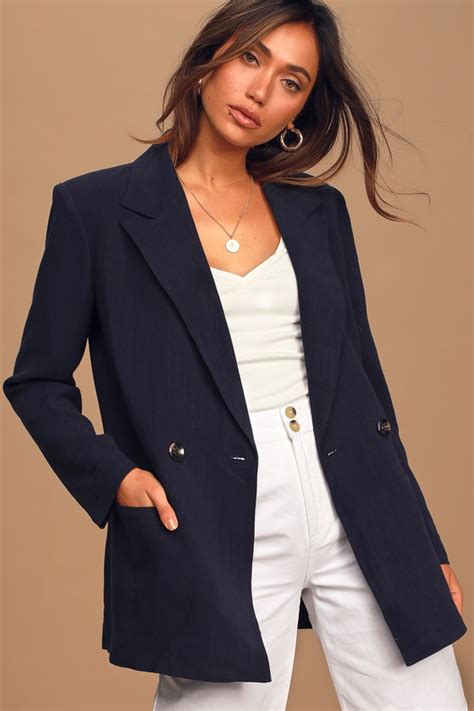 Chic Navy Blue Blazer Linen Blend Blazer Oversized Blazer Lulus