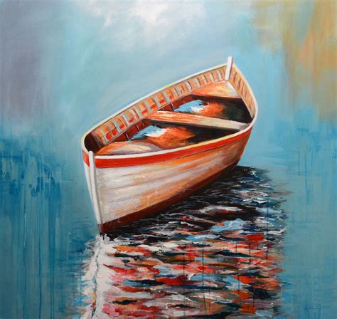 Boat Painting On Canvas Abstract Seascape Boat In The Sea Etsy Boat
