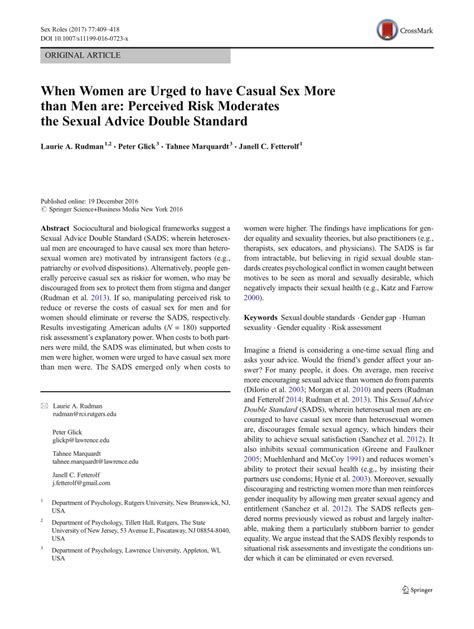 Pdf When Women Are Urged To Have Casual Sex More Than Men Are Perceived Risk Moderates The