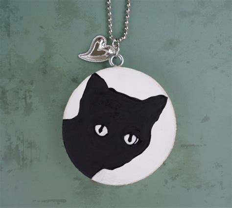 Hand Painted Black Cat Necklace Etsy Black Cat Necklace Cat