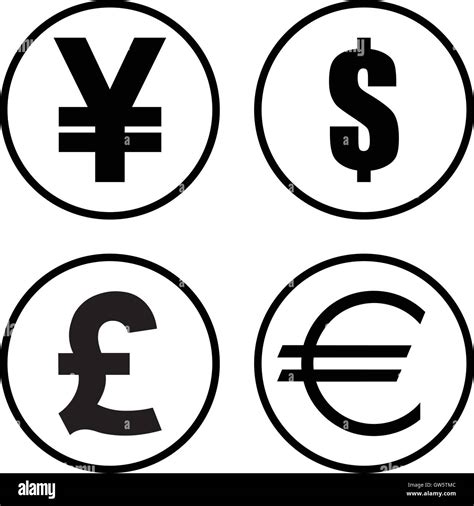 Yen Yuan Dollar Pound And Euro Currency Symbol Set Round Money