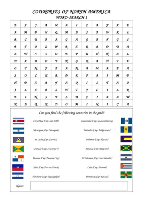 North American Countries Word Search By Publicsecondary Teaching