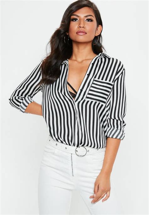 Missguided White And Black Striped Pocket Front Shirt Womens Tops Women Womens Shirts