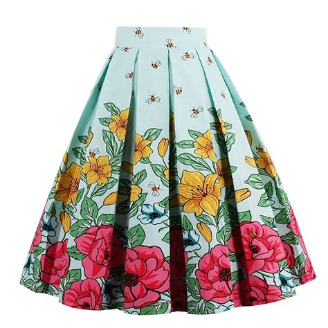 Womens Pleated Vintage Skirt Floral Print A Line Midi Skirts With