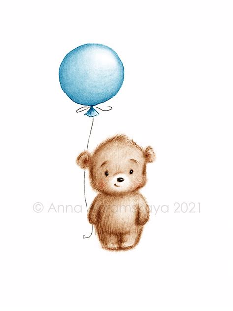 The Drawing Of Cute Teddy Bear With Blue Balloon Printable Art