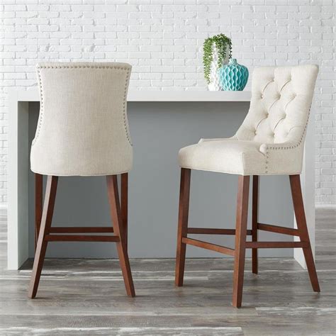 Bakerford Walnut Finish Upholstered Bar Stool With Back And Biscuit