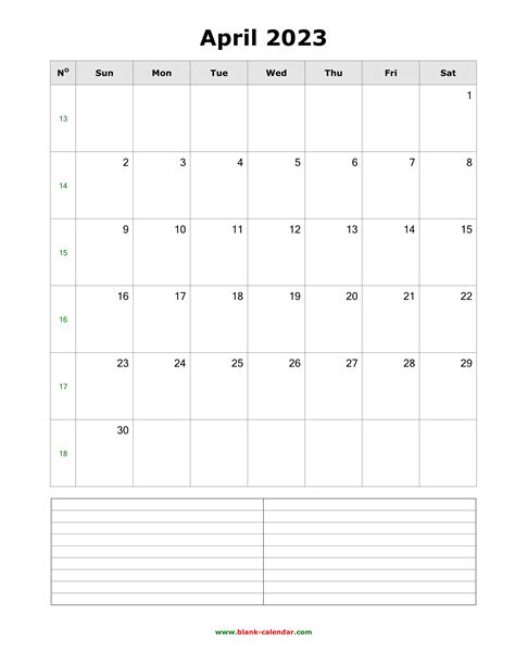 Download April 2023 Blank Calendar With Space For Notes Vertical