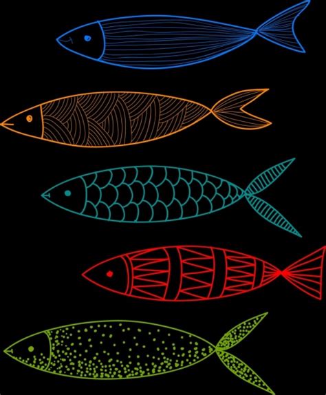 Fish Drawing Dark Colorful Flat Sketch Vectors Graphic Art Designs In