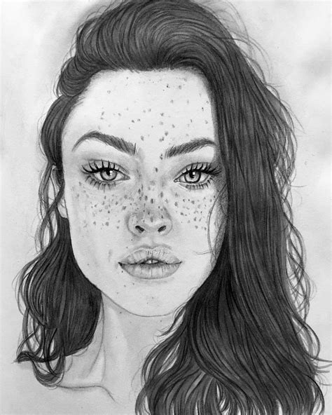 A Pencil Drawing Of A Woman With Freckles On Her Face And Long Hair