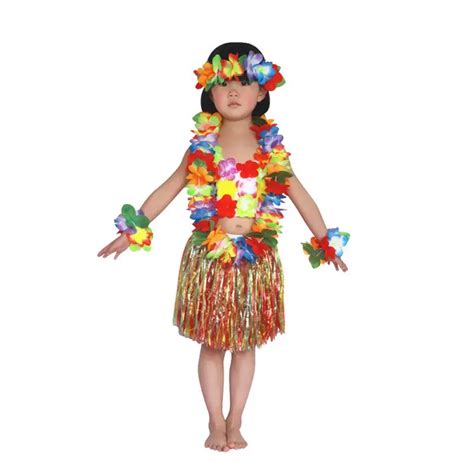 Child Kids Girls Hawaiian Grass Skirt Flower Hula Garland Dance Dress 6