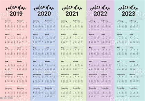 Jahr 2019 2020 2021 2022 2023kalendervektordesignvorlage Stock Vektor