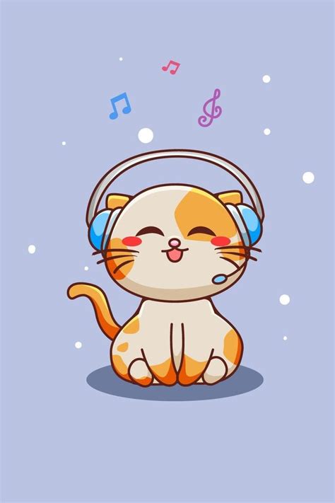 Lindo Y Feliz Gato Escuchando Música Con Auriculares Ilustración De