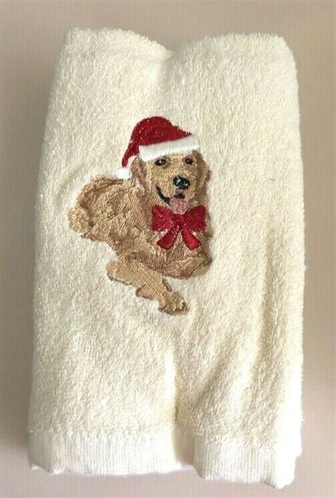 Christmas Golden Retriever Dog Hand Towels Set Of 2 Embroidered Ivory