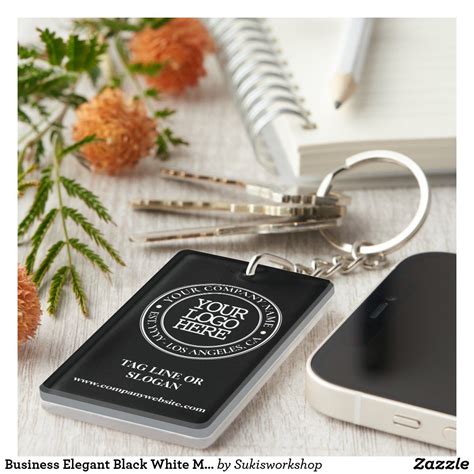 Business Elegant Black White Medallion Add Logo Keychain