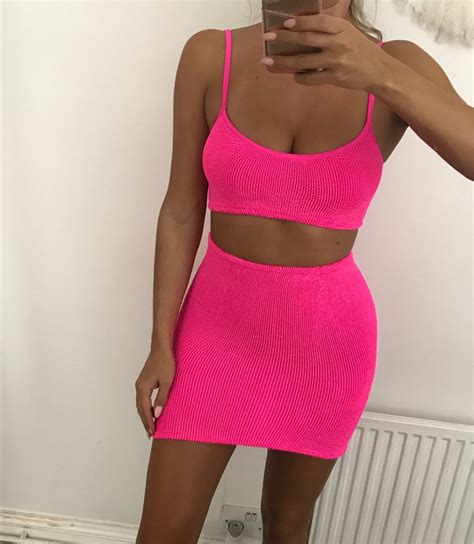 Cami Crop Top And Mini Skirt Co Ord In Neon Pink Crinkle Ultra Etsy
