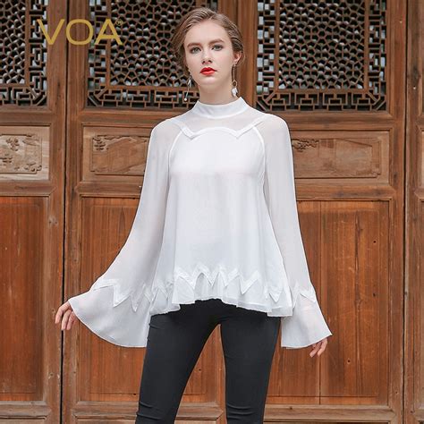 Buy Voa White Silk Blouse Plus Size Casual Women Tops