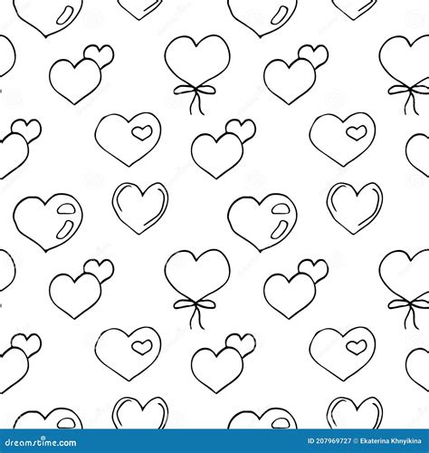 Seamless Pattern Hearts Vector Doodle Illustration Hand Drawing Stock