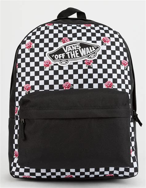 Vans Synthetic Realm Rose Checkerboard Backpack In Blackwhite Black