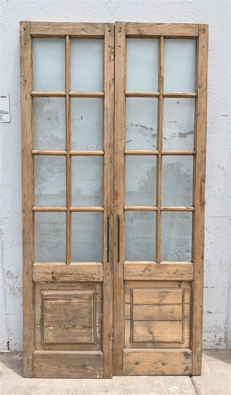 Pair Of 8 Lite White Washed Wood French Antique Doors Wood French
