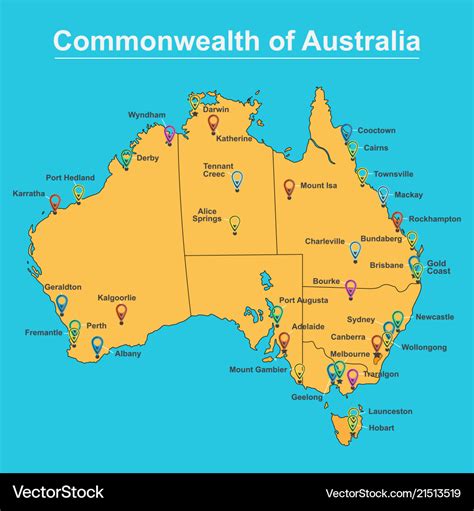 Map Australia With Major Towns And Cities Vector Image