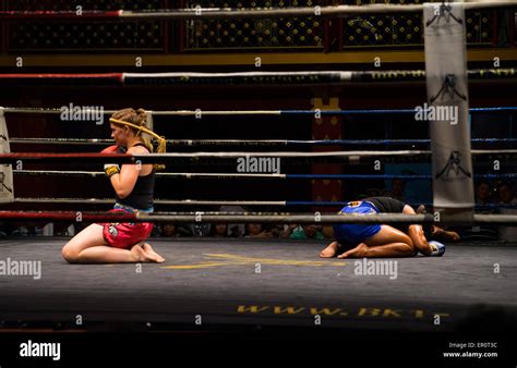 Two Female Muay Thai Fighter Going Through Pre Fight Ritual Stock Photo