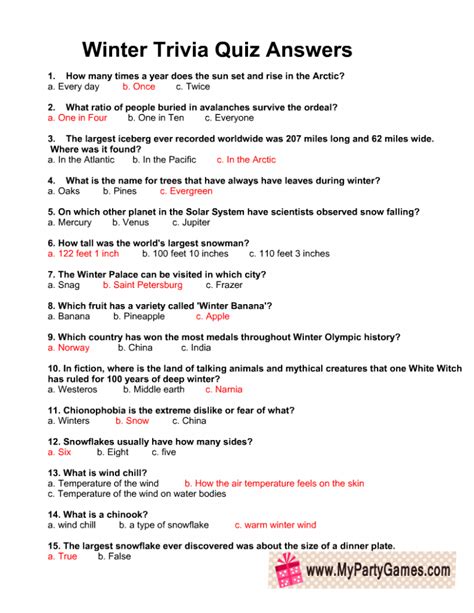 Snow Trivia Questions And Answers Printable Printable Questions And