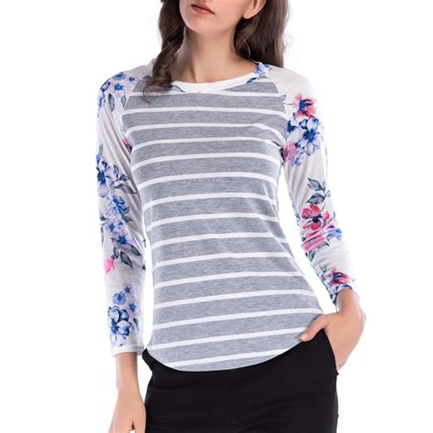 Spring 2018 Flower Raglan Long Sleeve Top Stripe T Shirt Women Splice