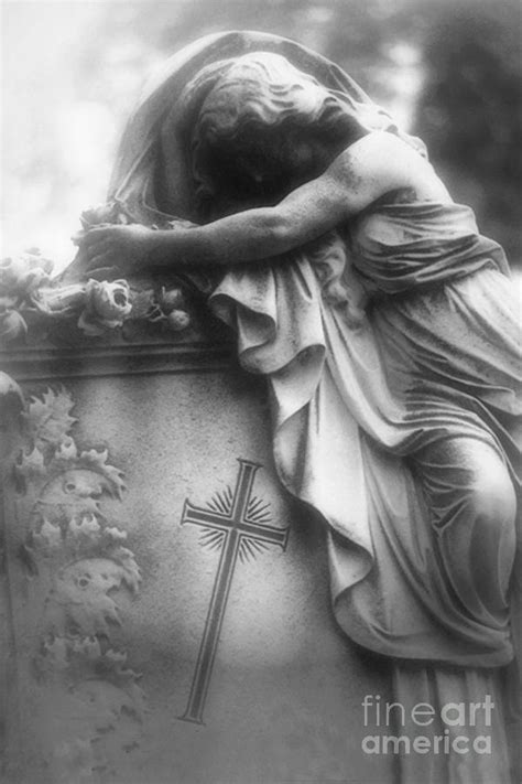 Surreal Gothic Cemetery Angel Mourner Draped Over Coffin With Cross
