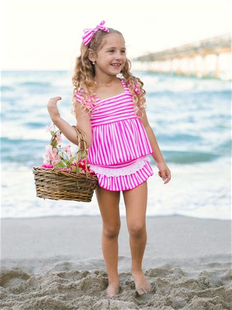 Kids Resort Wear Girls Skirted Striped Skirted Two Piece Swimsuit