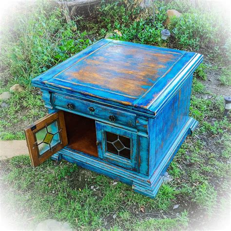 Coffee table base (no assembly required) Farmhouse Antique Coffee Table, blue, stained glass ...