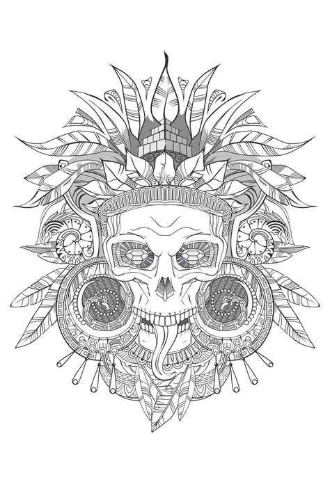 Click to download free printable coloring pages for adults (and kids!). Aztec skull shades of grey - Mayans & Incas Adult Coloring Pages