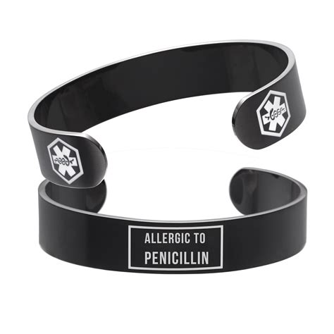 Black Medical Alert Cuff Bracelet Allergic To Penicillin Alert