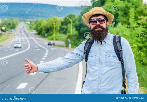 Man Try Stop Car Thumb Up Pick Me Up Hitchhiking One Of Cheapest Ways