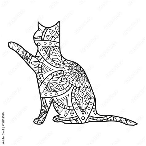 Vector Illustration Of A Black And White Cat Mandala For Coloring Book