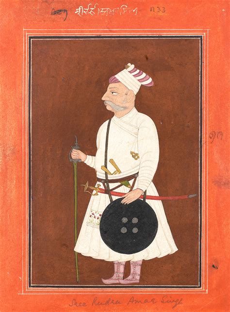 bonhams an elderly courtier identified as rudha amar singh wearing a white jama and armed