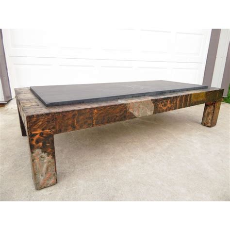 A paul evans coffee table, welded and patinated steel, with glass top. Mid 20th Century Paul Evans Mixed Metal Patchwork Slate ...