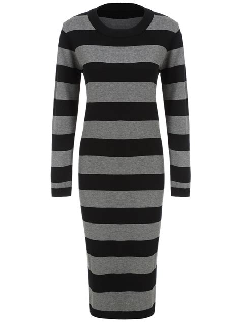 black grey round neck striped knit dress shein sheinside striped knit dress striped knit