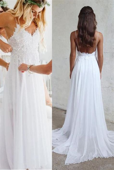 Open Back White Lace Spaghetti Straps Beach Wedding Dress