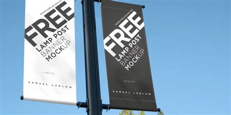 A set of two mockups showing rendered lamp posts with banner(s). Free Lamp Post Banner Mockup | Bypeople