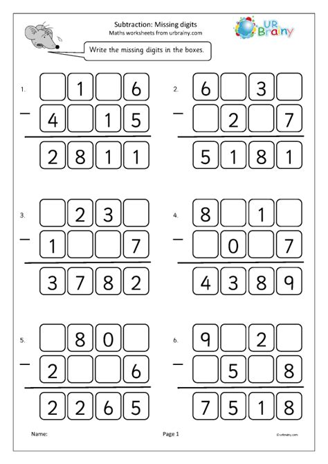 Subtraction Missing Numbers Worksheet