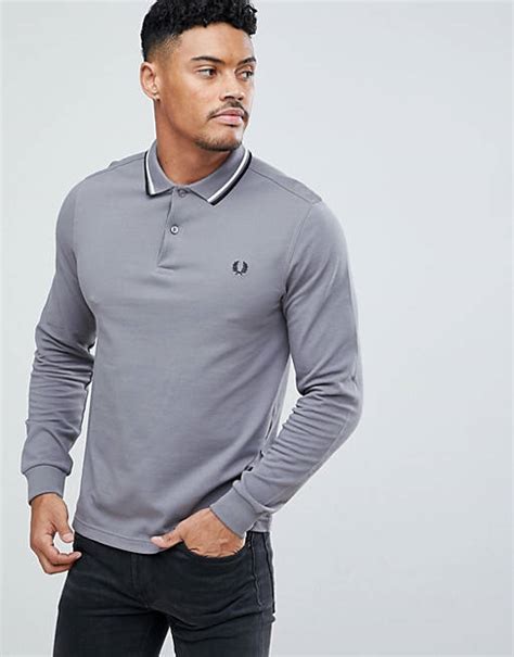 Fred Perry Long Sleeve Slim Fit Twin Tipped Polo Shirt In Grey Asos