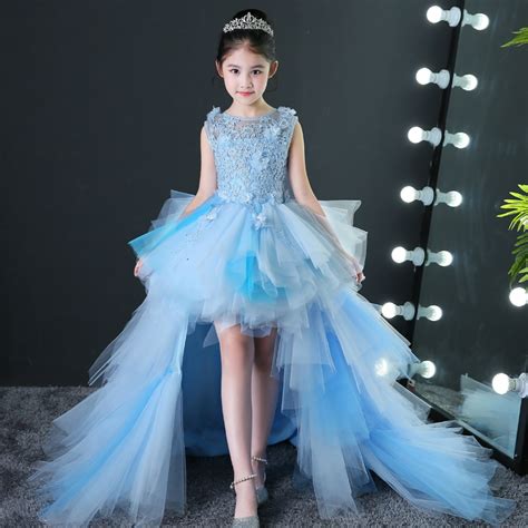 Blue Luxury Flower Girl Dresses For Wedding Detachable Long Trailing Princess Dress Ball Gown