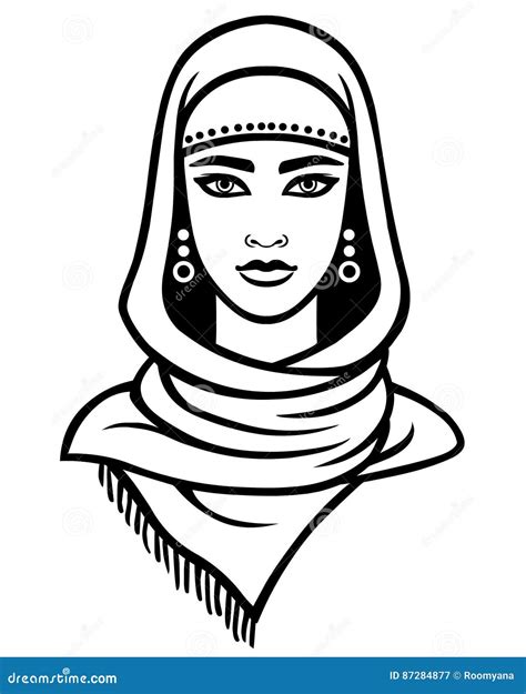 Animation Portrait Of The Arab Woman In A Scarf Stock Vector Illustration Of Contour Asian