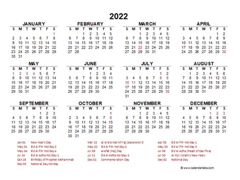 2022 Year At A Glance Calendar With Uae Holidays Free Printable Templates