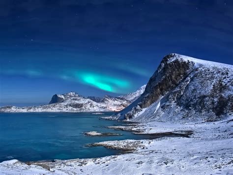 Winter Landscape With Snow Mountains More Northern Light Lofoten