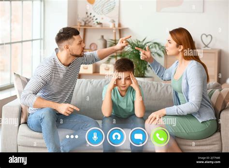Sad Little Boy And His Quarrelling Parents Video Chatting With