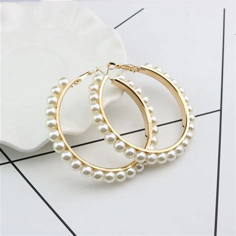 Statement 18k Gold Plated Pearl Earring Pearl Paved Large Round Circle