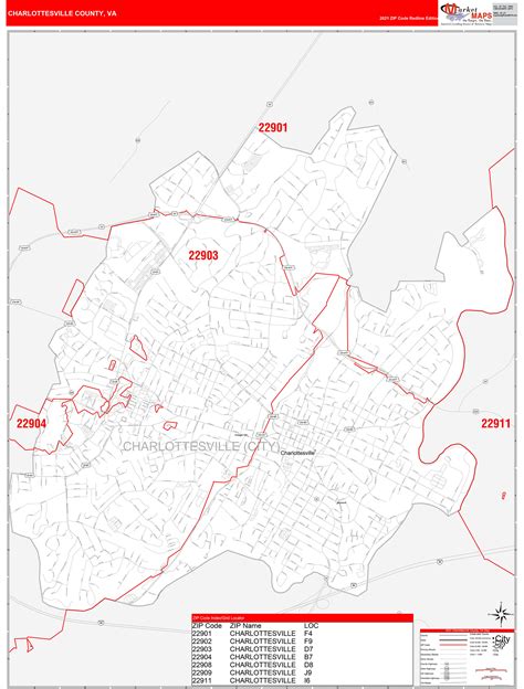 Charlottesville County Va Zip Code Wall Map Red Line Style By